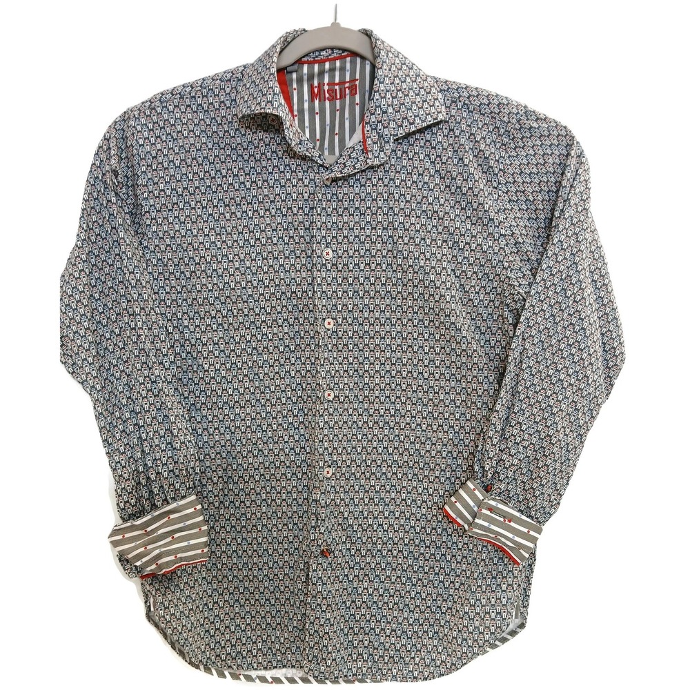 Misura Shirt Mens Small Blue Red Robot Print Button Down Long Sleeve Stretch